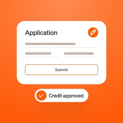 An app interface showing an application form with "Submit" button and a "Credit approved" message on an orange background.