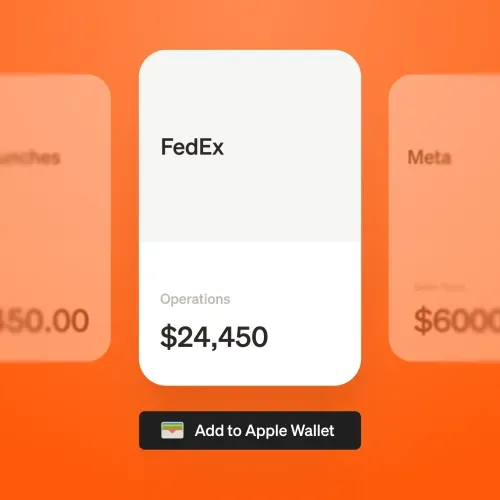 A virtual card showing "FedEx Operations $24,450" with an "Add to Apple Wallet" button on an orange background.