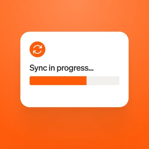 A sync in progress app message with an orange progress bar and refresh icon on an orange background.