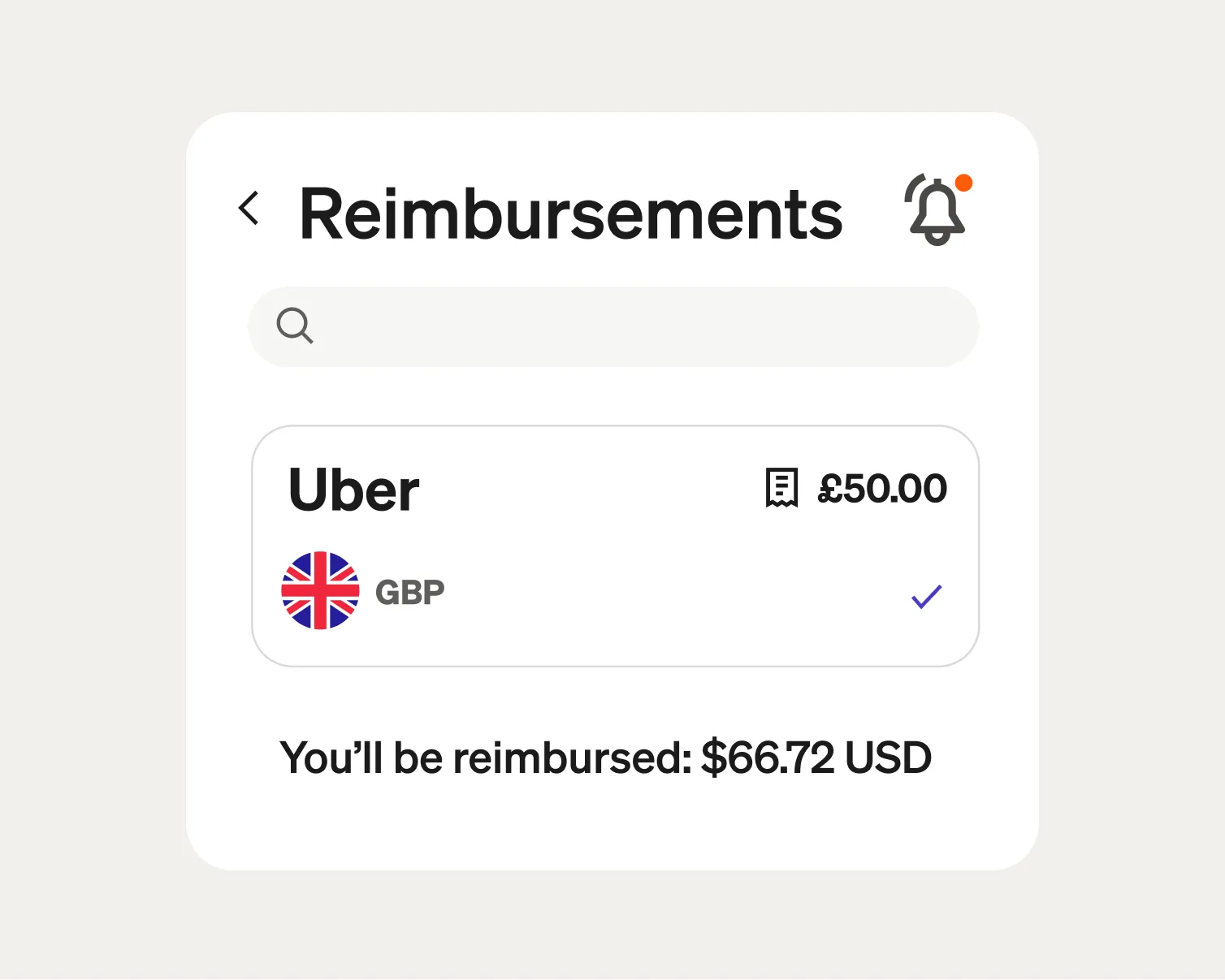 App UI Reimbursements screen showing £50.00 Uber expense and $66.72 USD reimbursement amount.