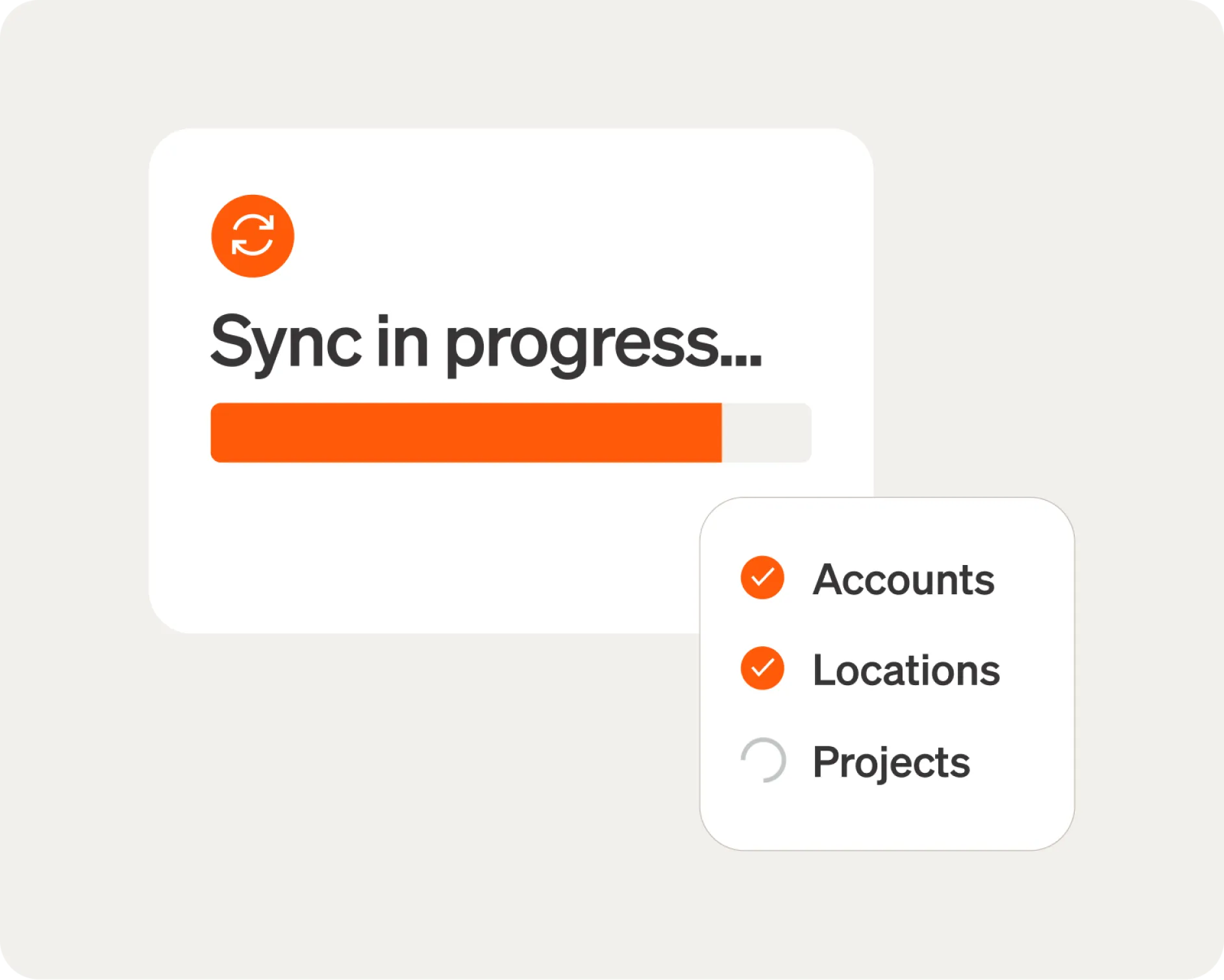App UI showing Sync in progress message with a loading bar; Accounts and Locations checked, Projects syncing.