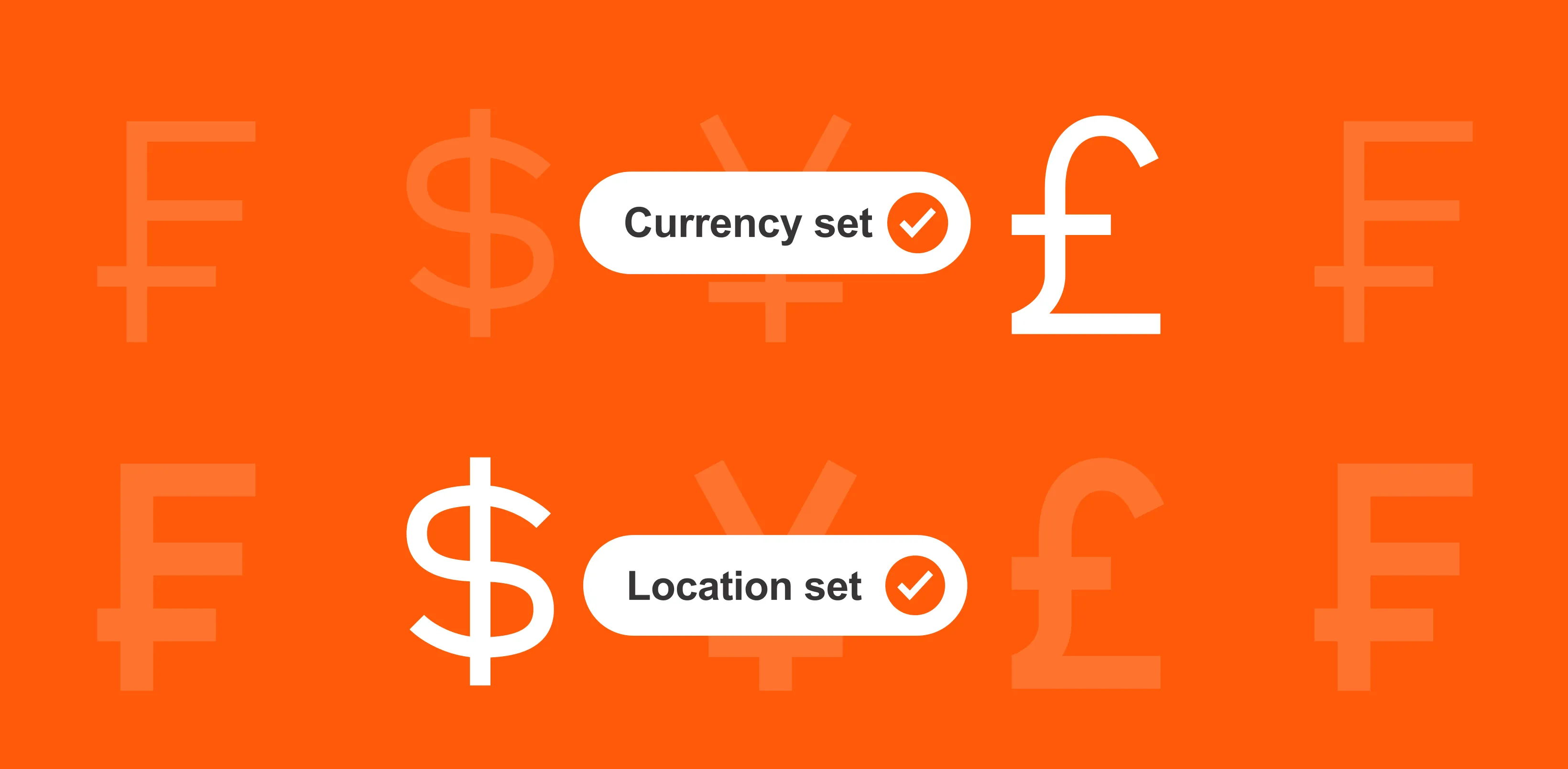 Currency set and location set confirmation notifications with dollar, pound, and yen symbols on orange background.