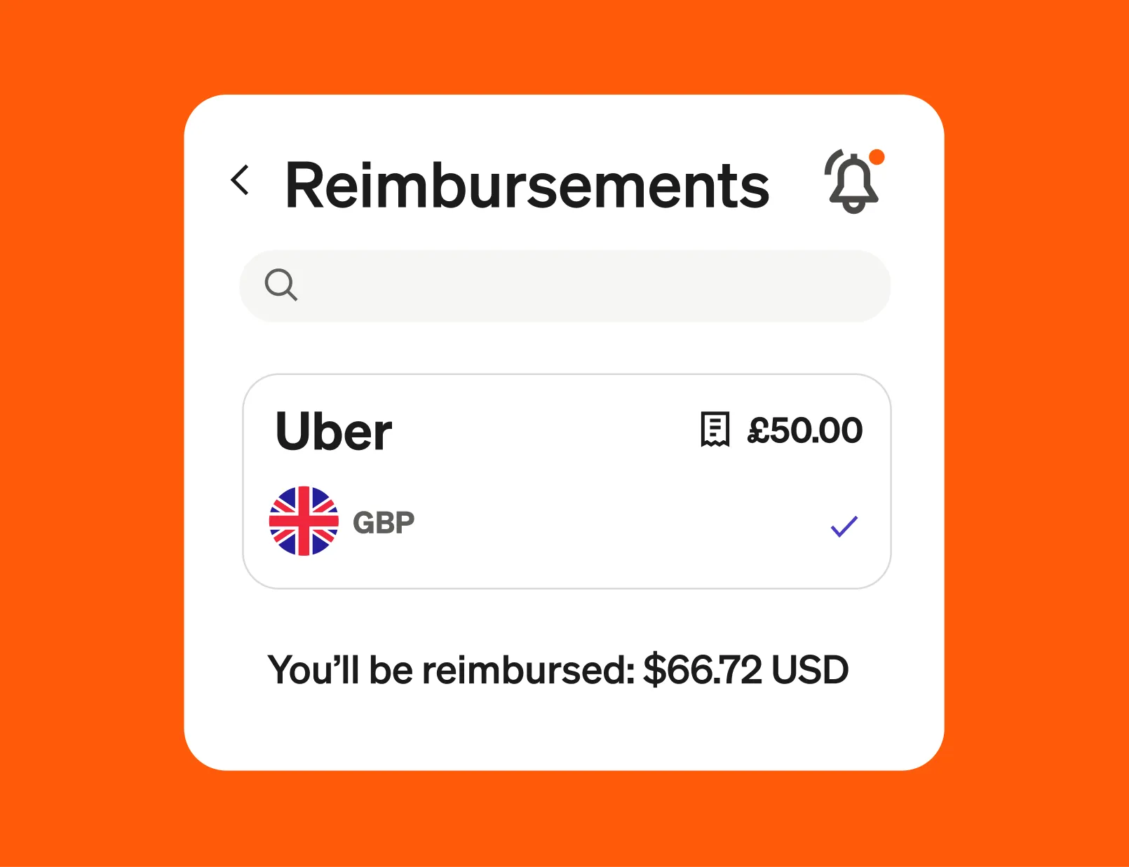 App UI Reimbursements screen showing £50.00 Uber expense and $66.72 USD reimbursement amount.