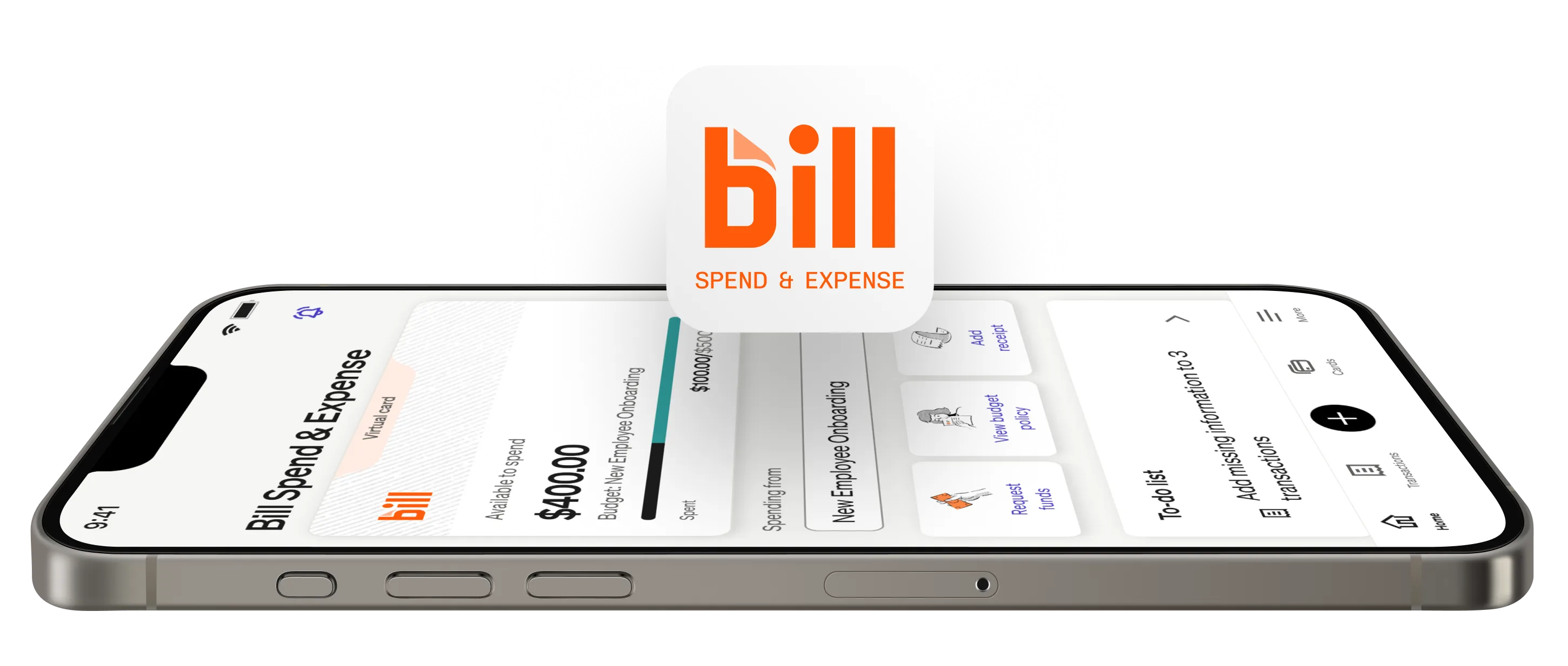 A smartphone displaying the Bill Spend &amp; Expense app with the Bill logo above the screen.