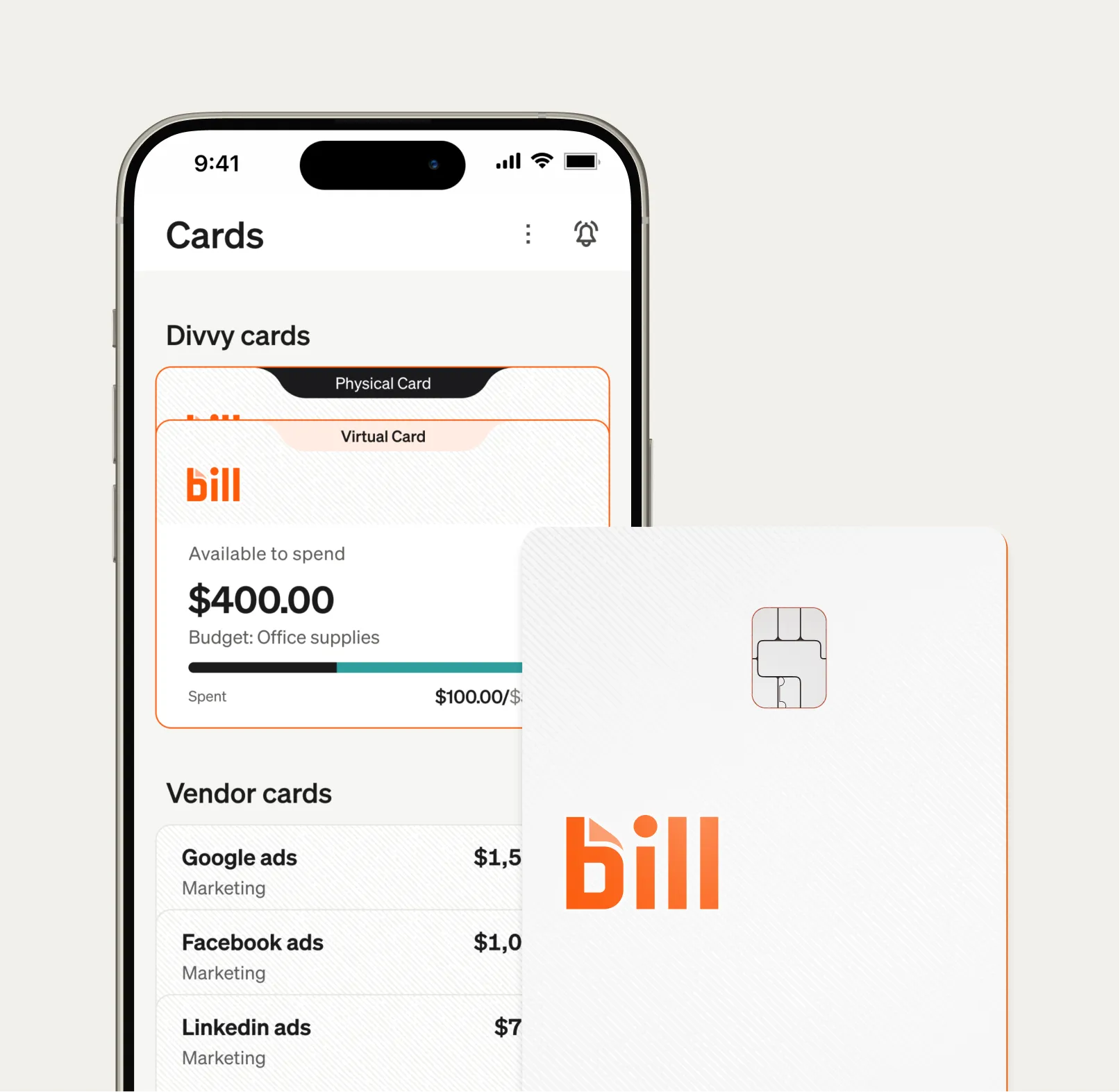 A smartphone shows the BILL Spend & Expense mobile app with card summary and available balance; a white BILL Divvy card is displayed in front.