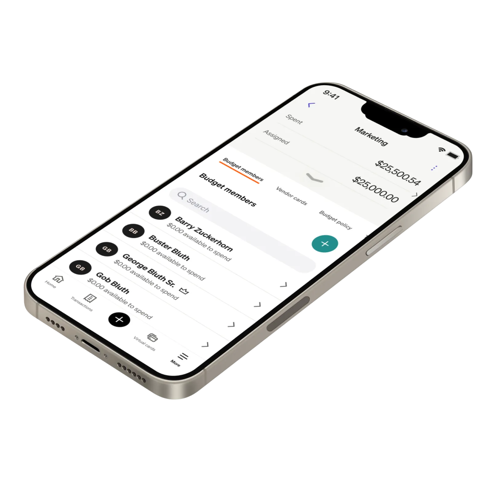Smartphone displaying the BILL Spend & Expense mobile app showing a Marketing budget and alist of members and assigned dollar amounts.