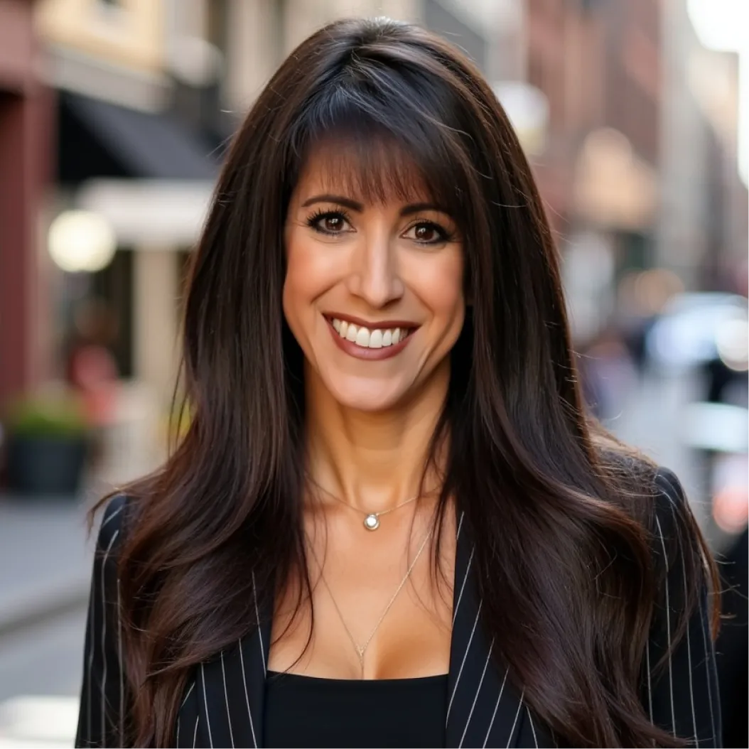 Smiling woman with long dark hair wears a pinstripe blazer over a black shirt, an urban cityscape in the background.