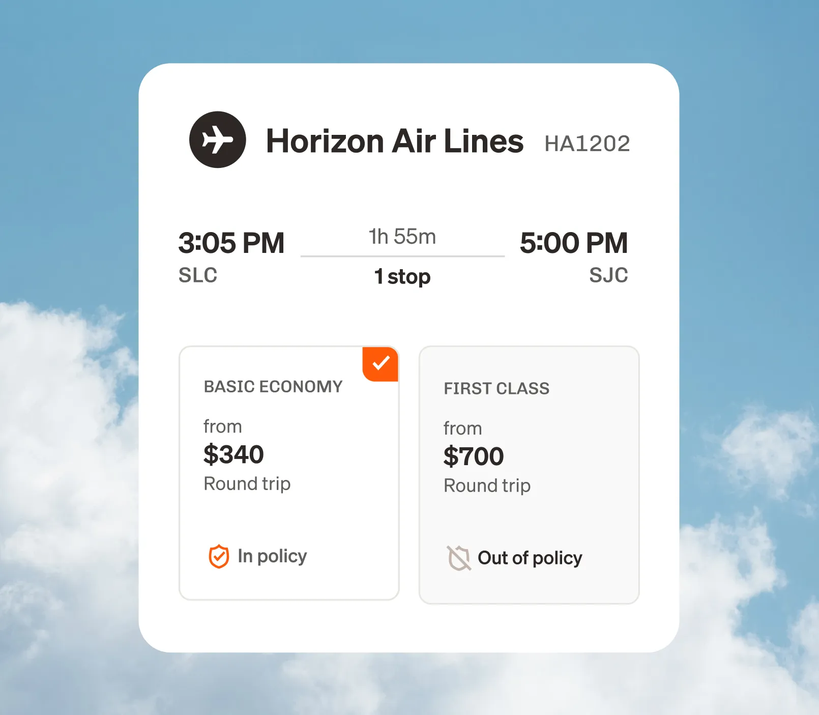 Flight info card showing SLC to SJC, 1 stop, economy from $340, first class from $700, over a background of a blue sky with white wispy clouds.