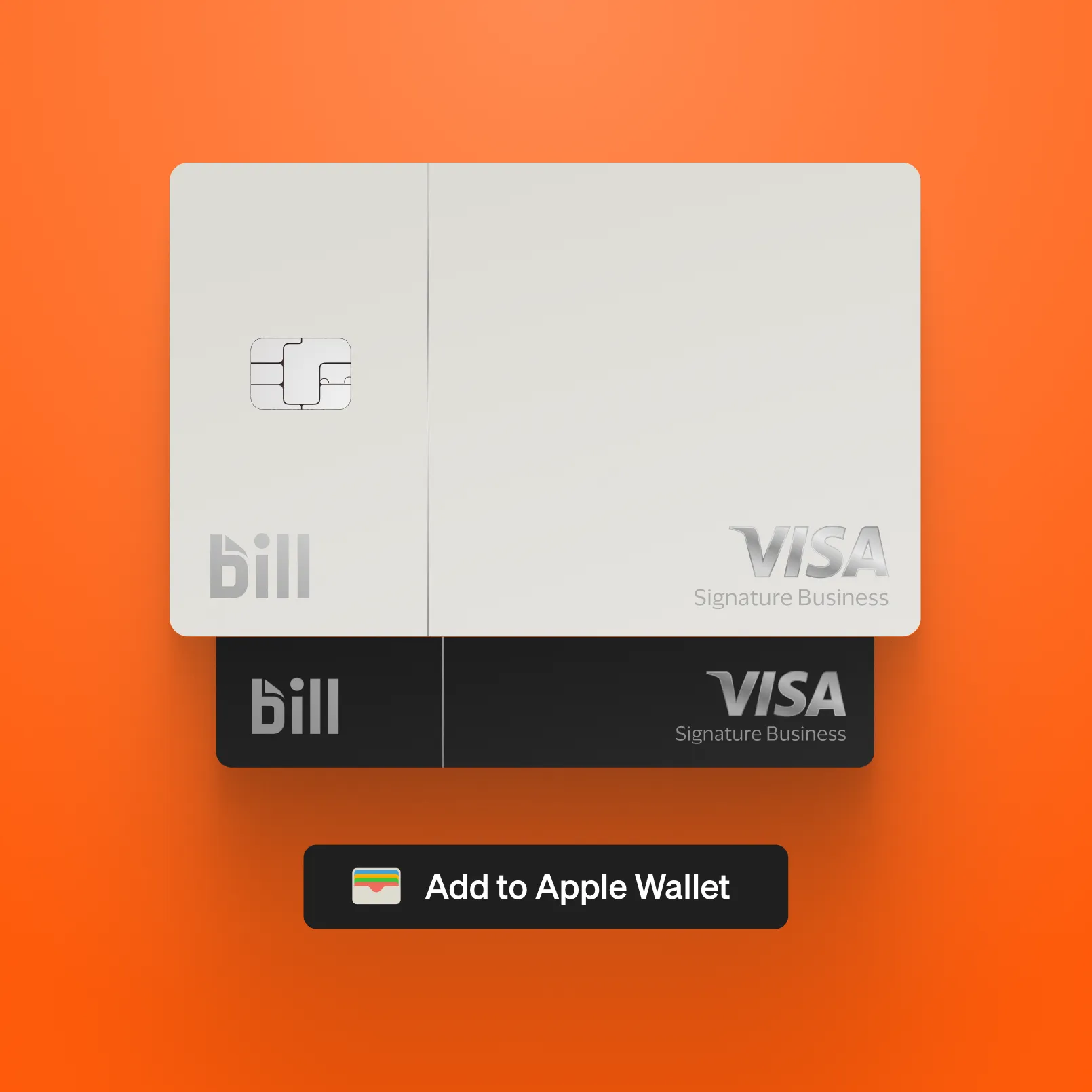 BILL Divvy Card on an orange background with "Add to Apple Wallet" notification below.