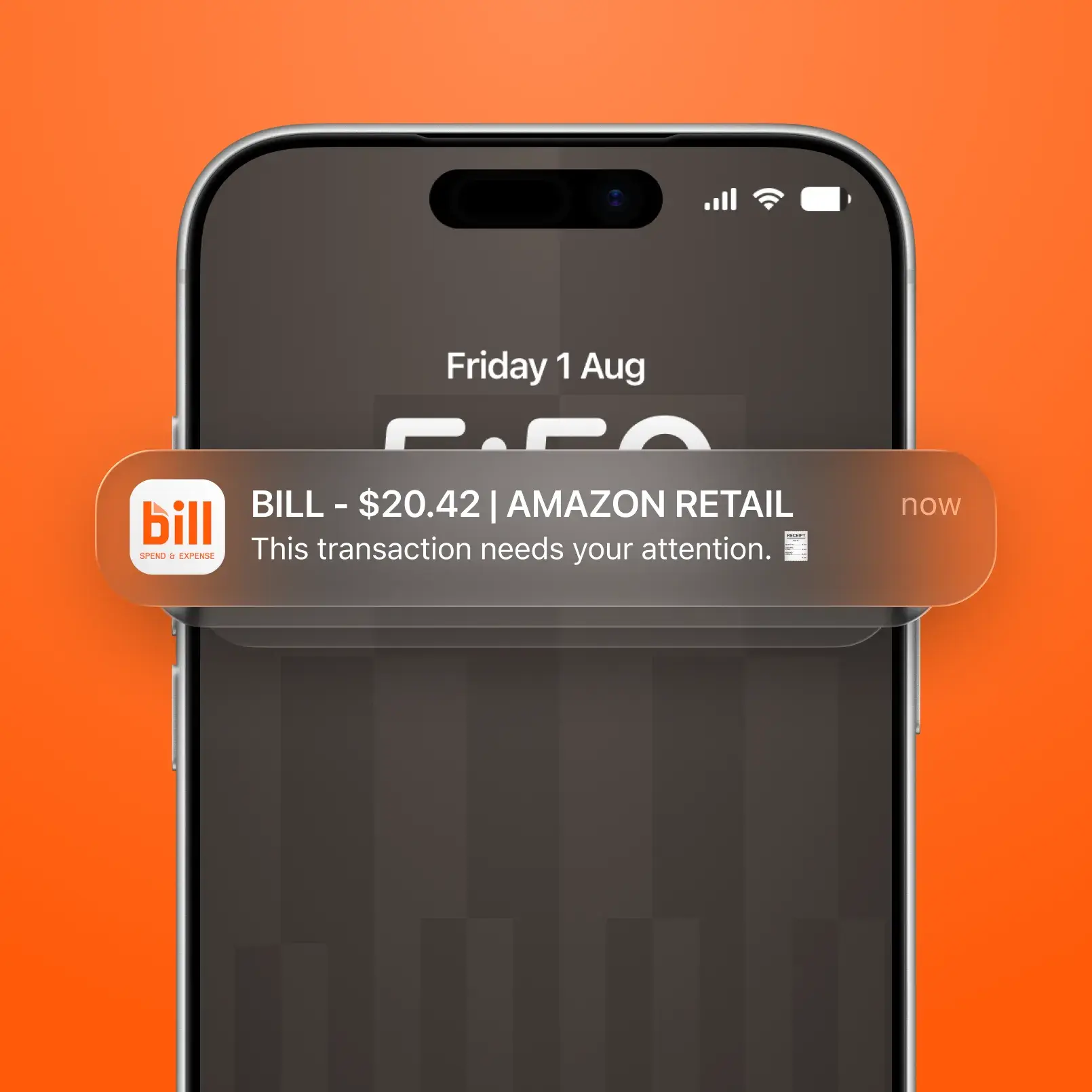 A smartphone on an orange background shows a notification for BILL - $20.42 for Amazon Retail with a "This transaction needs your attention" message.