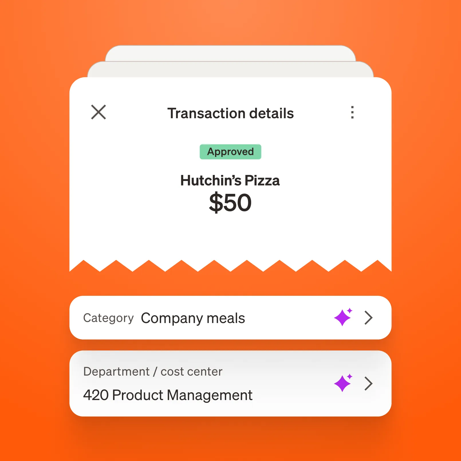 BILL UI screen showing Transaction details for Hutchin's Pizza $50, and an Approved tag.