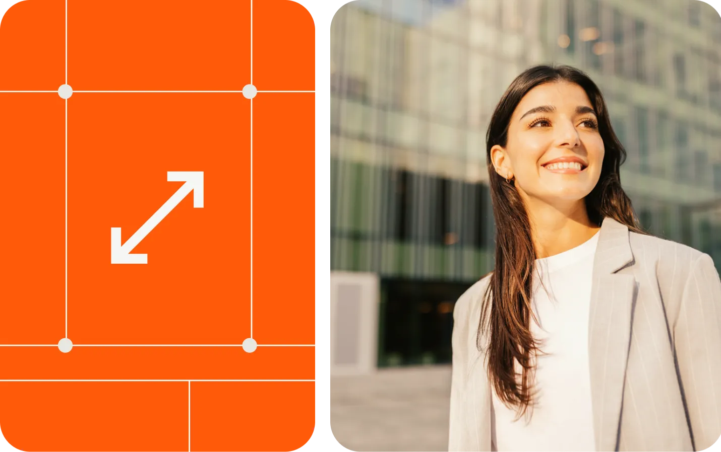 Double-ended arrow in white on a graphic orange background beside a photo of a smiling woman in a blazer in front of a glass building.