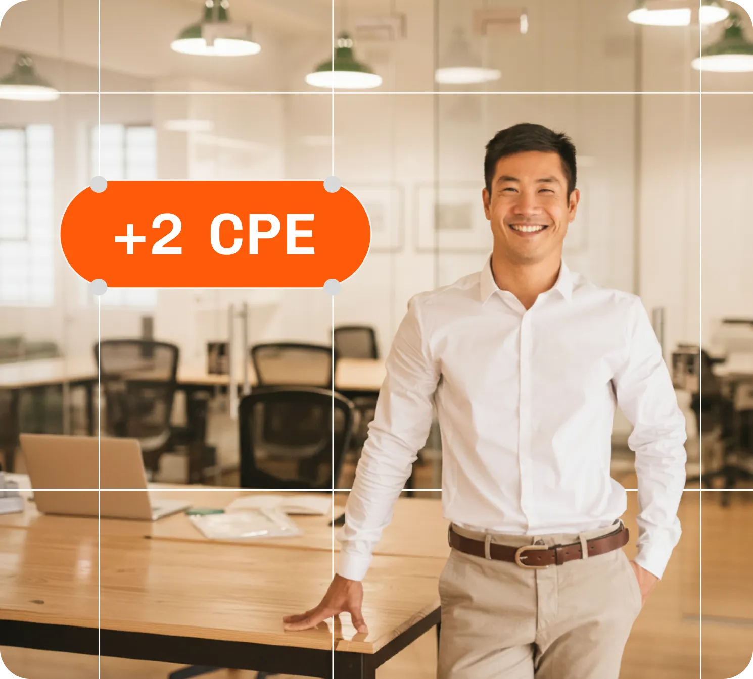 Smiling man in a white button-up shirt stands in a training room, "+2 CPE" beside him.