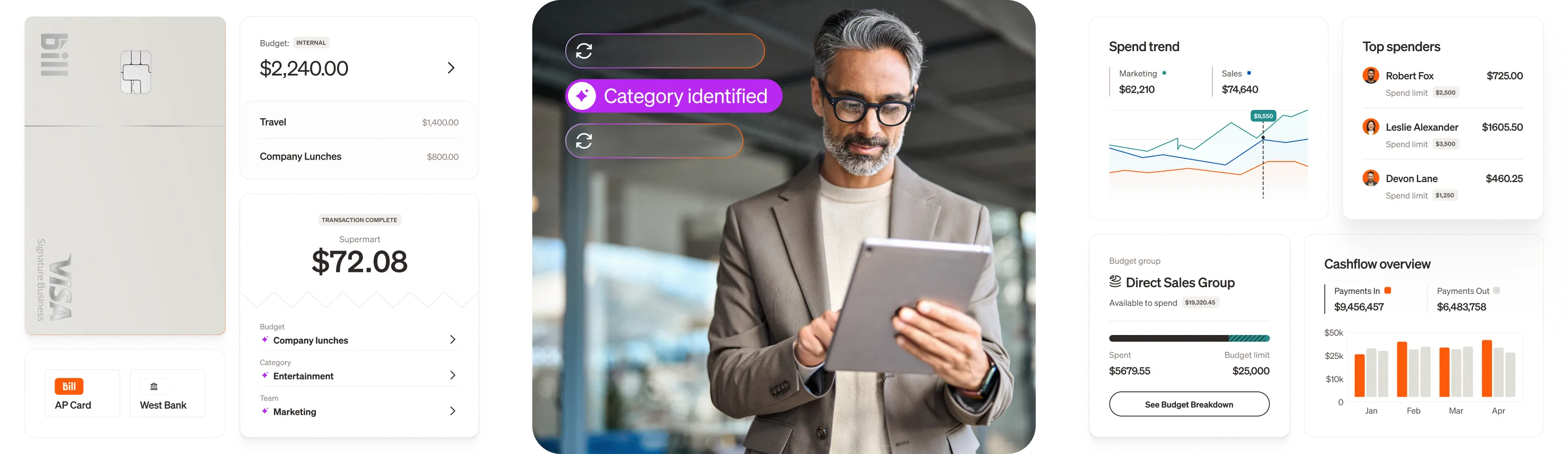 Man with salt-and-pepper hair and beard wearing glasses, a grey blazer, and a beige sweater uses a tablet with notification "Category identified". UI screens for spending and budget are beside.