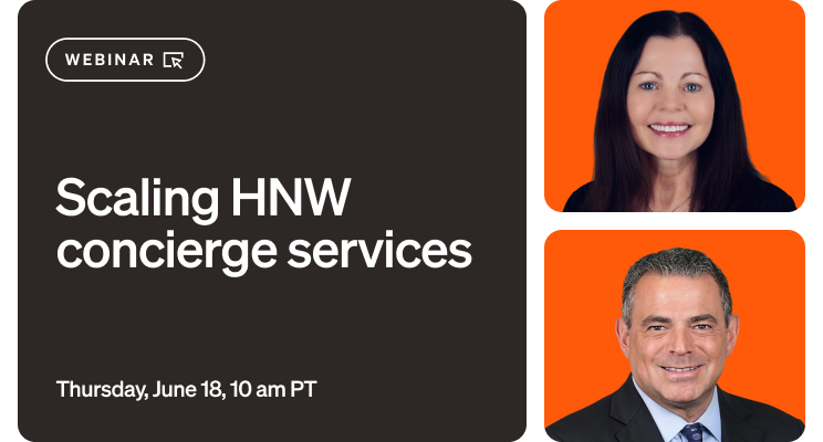 Webinar title "Scaling HNW concierge services" with a June 18 date and headshots of the two speakers.