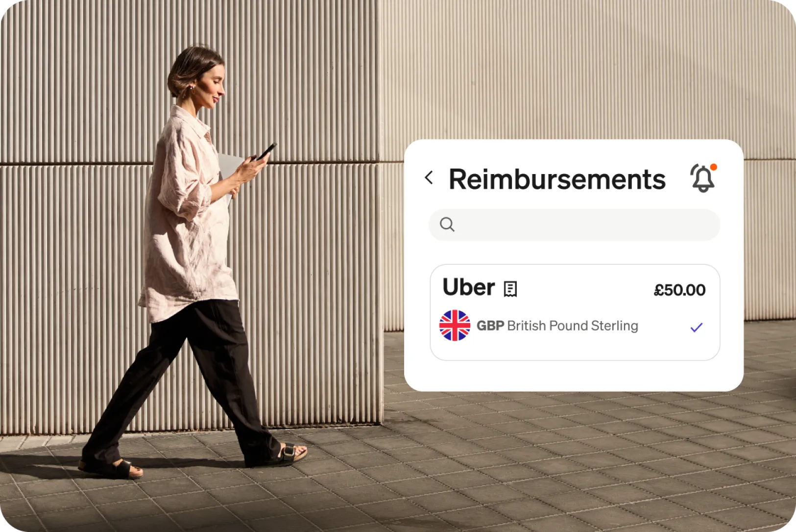 A woman in a light blouse and dark pants walks along a sidewalk while looking at her smartphone, a app notification for Reimbursements shows Uber £50.00 GBP British Pound Sterling.