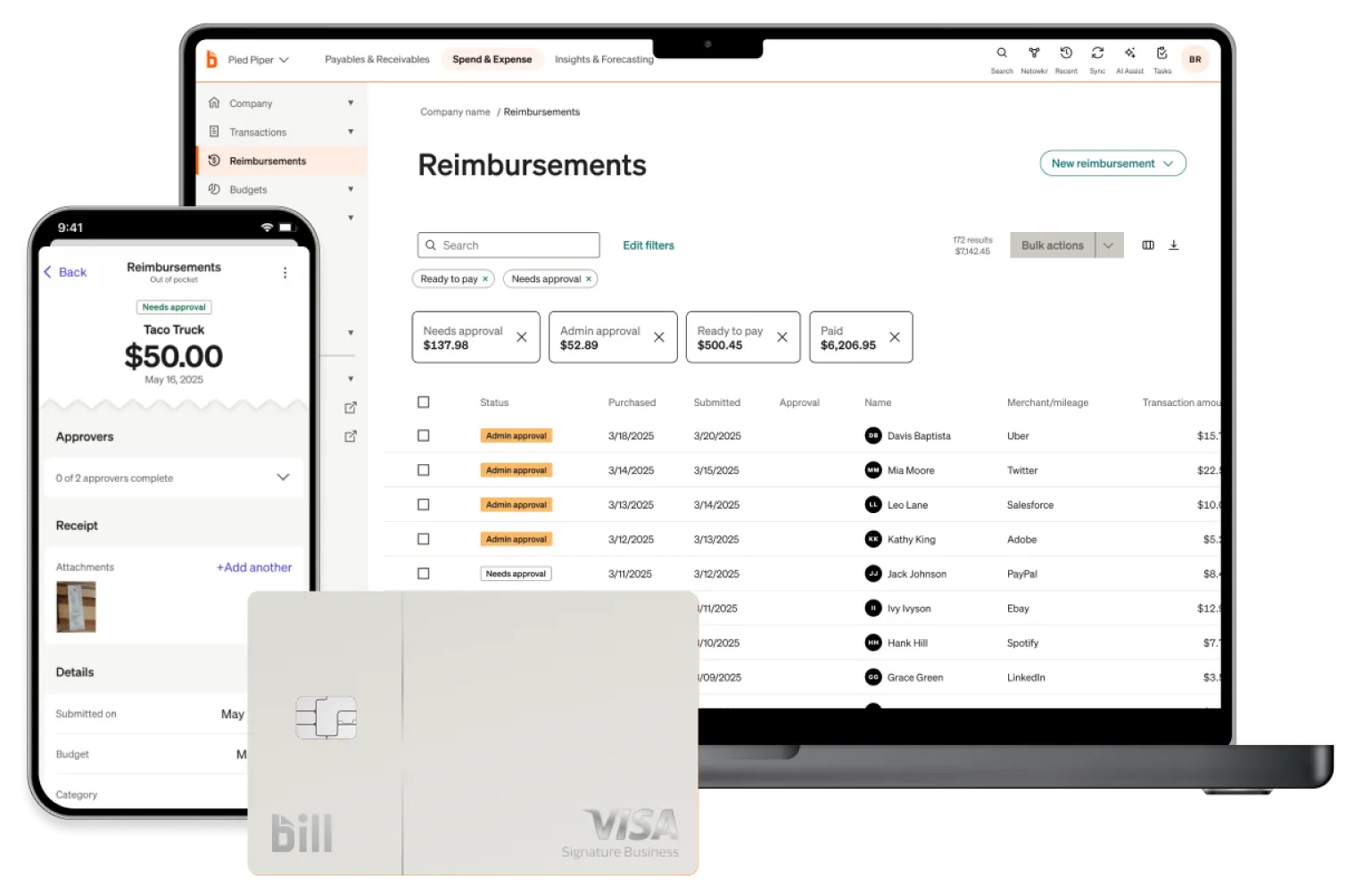 A smartphone and laptop displaying a BILL dashboard for Reimbursements, a BILL Divvy Card sits in front.