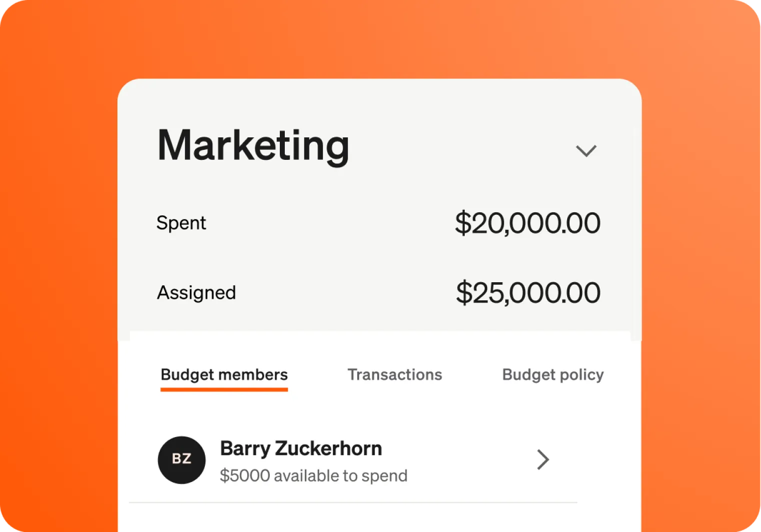 App UI with Marketing title showing Spent $20,000 and Assigned $25,000 with optionns for Budget members, Transactions, and Budget policy