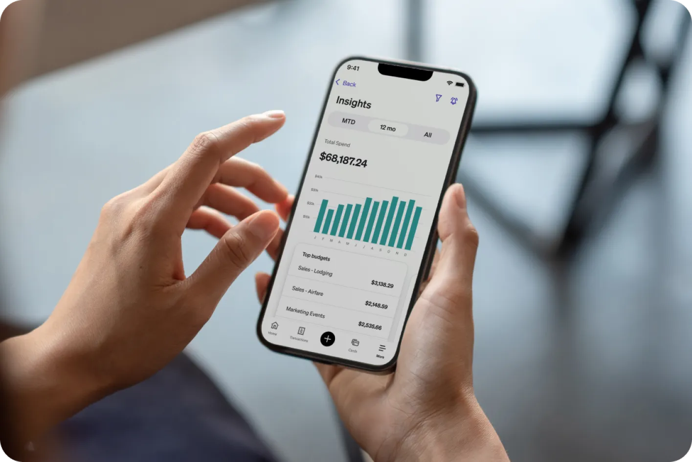A smartphone showing the BILL mobile app screen for Insights with total spend, a bar chart, and top budget categories.