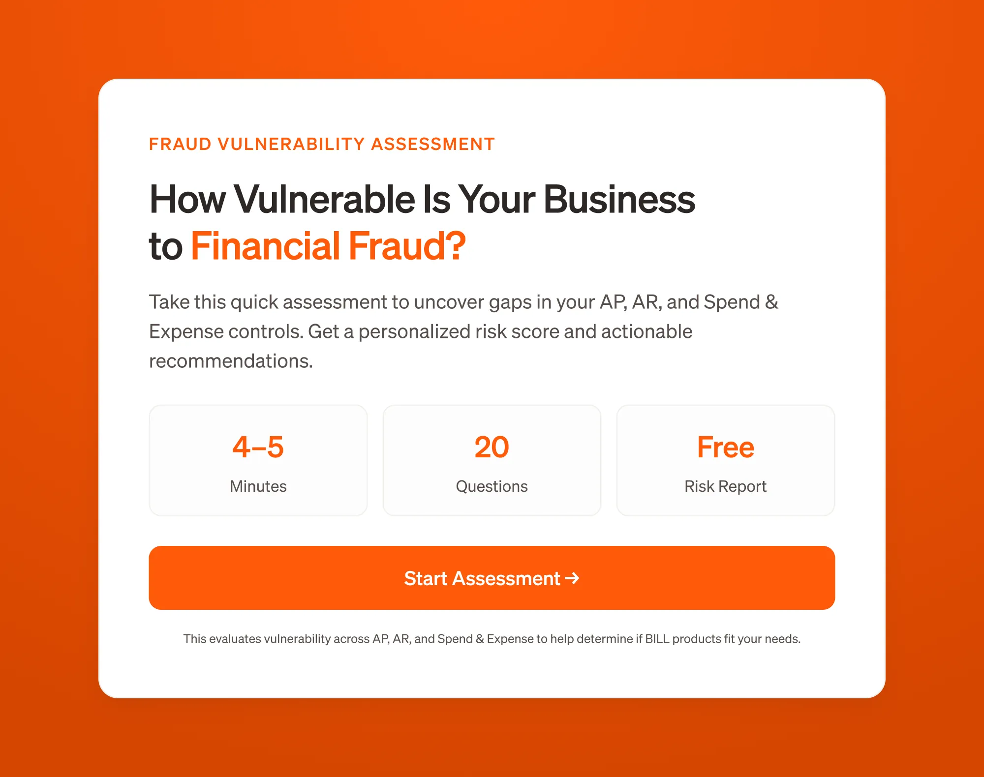 Opening screen for BILL's fraud risk assessment on a bright orange background