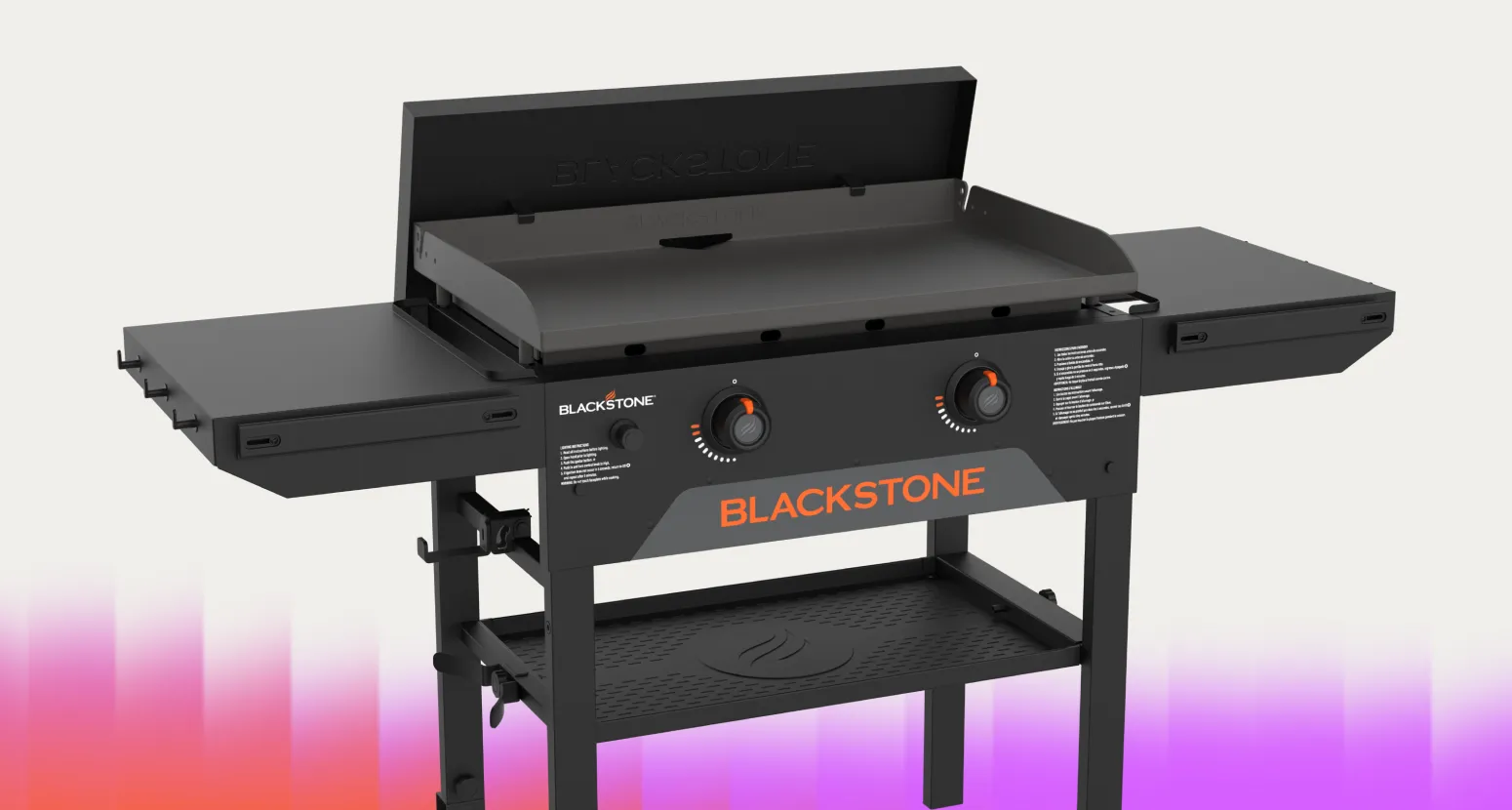 Blackstone Omnivore grill on a neutral background with orange and purple gradient at the bottom.