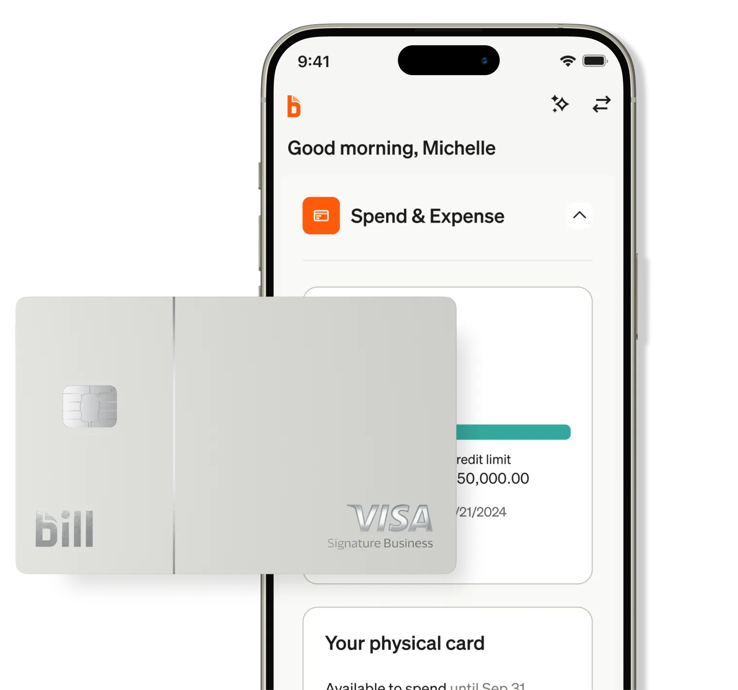 Smartphone showing BILL Spend & Expense app with a BILL Divvy Card in front.
