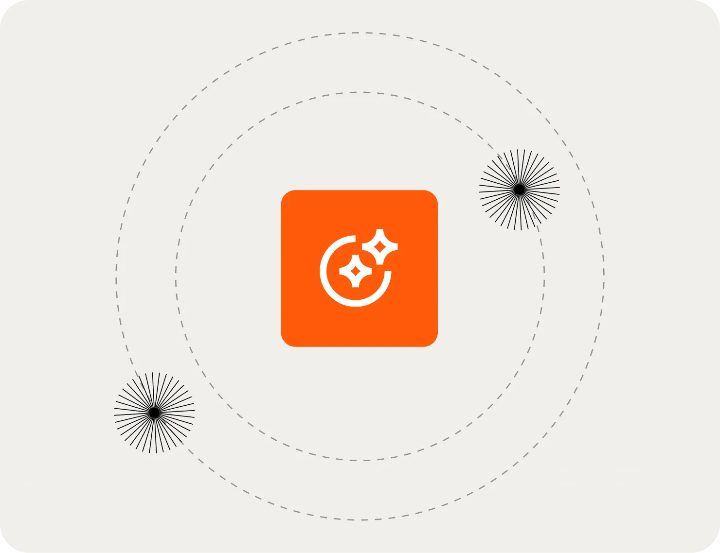Orange square icon with white gears surrounded by stylized circles and starbursts in dark grey on an a light grey background.