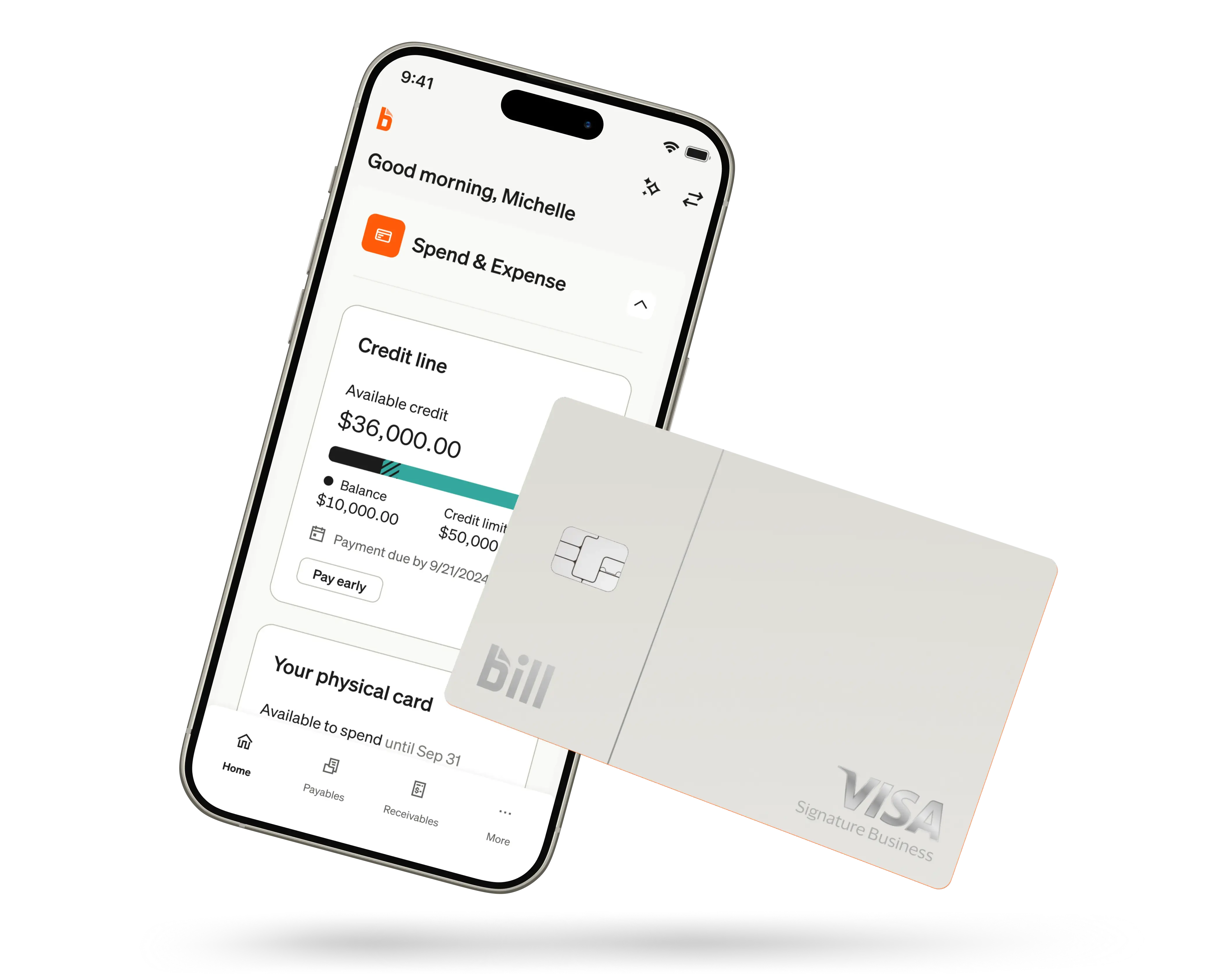 Smartphone displaying the BILL Spend & Expense mobile app beside the BILL Divvy Card.