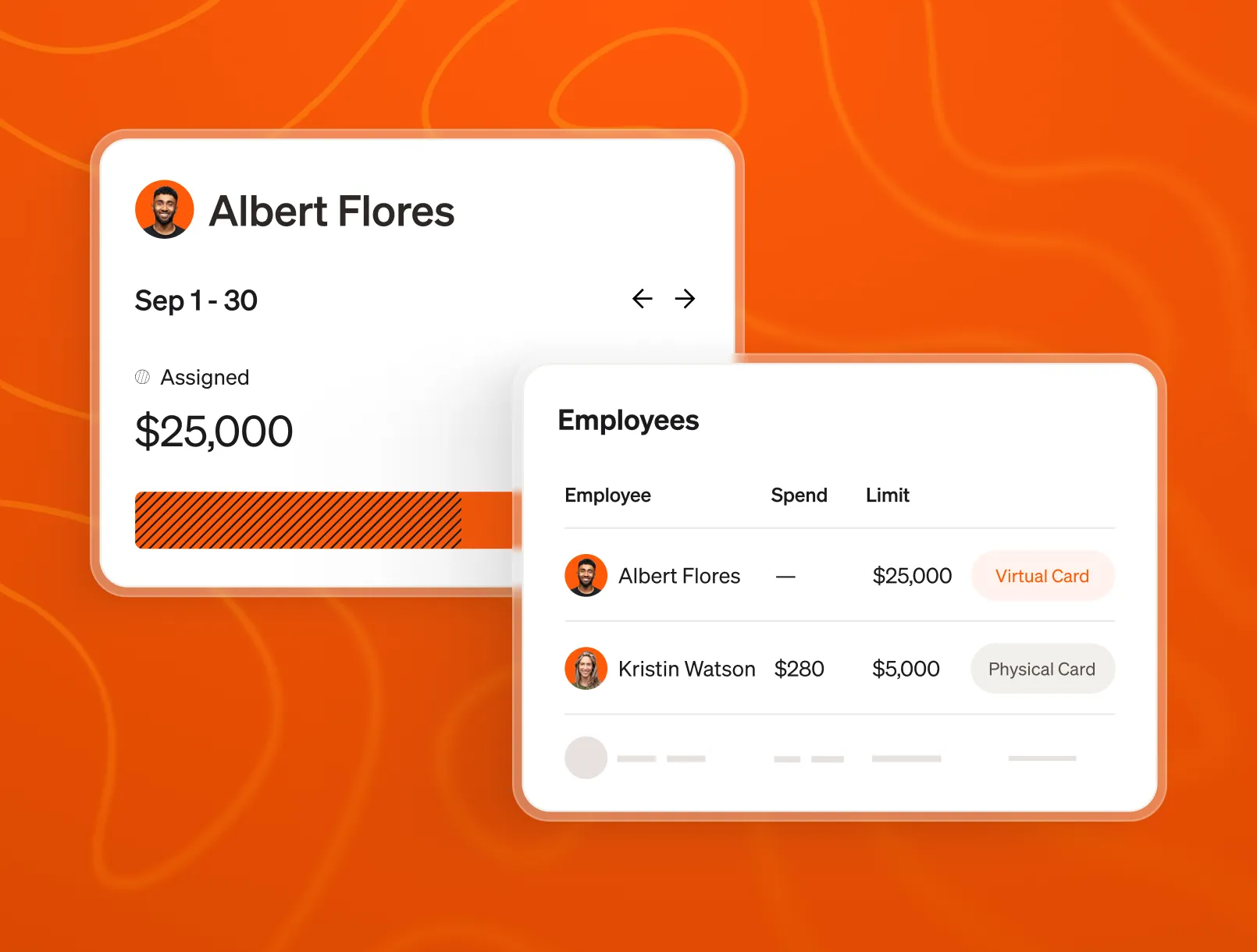 BILL Spend & Expense UI screens showing employee budget and card allocation information