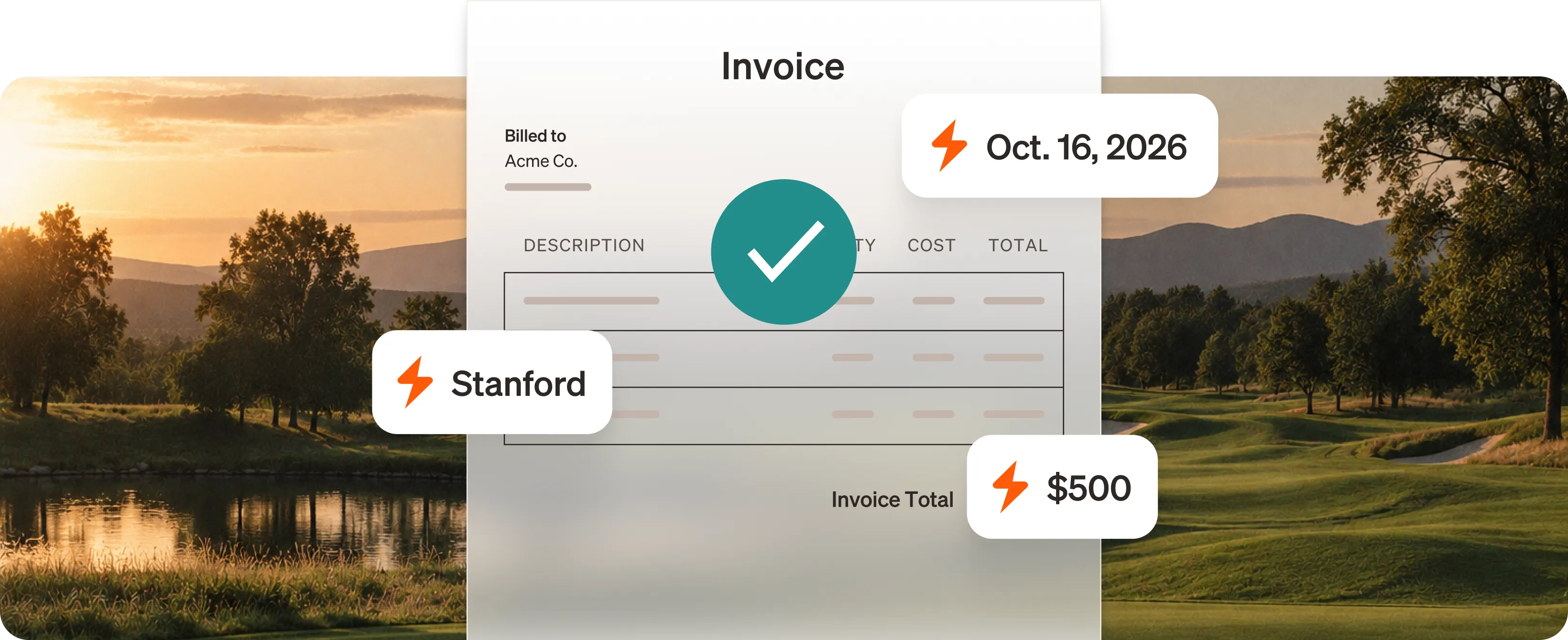 Invoice with several features highlighted with AI assisted icons, including date, payee, and amount.