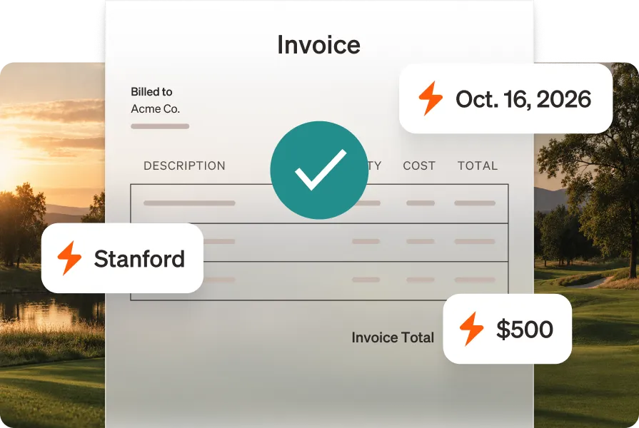 Invoice with several features highlighted with AI assisted icons, including date, payee, and amount.