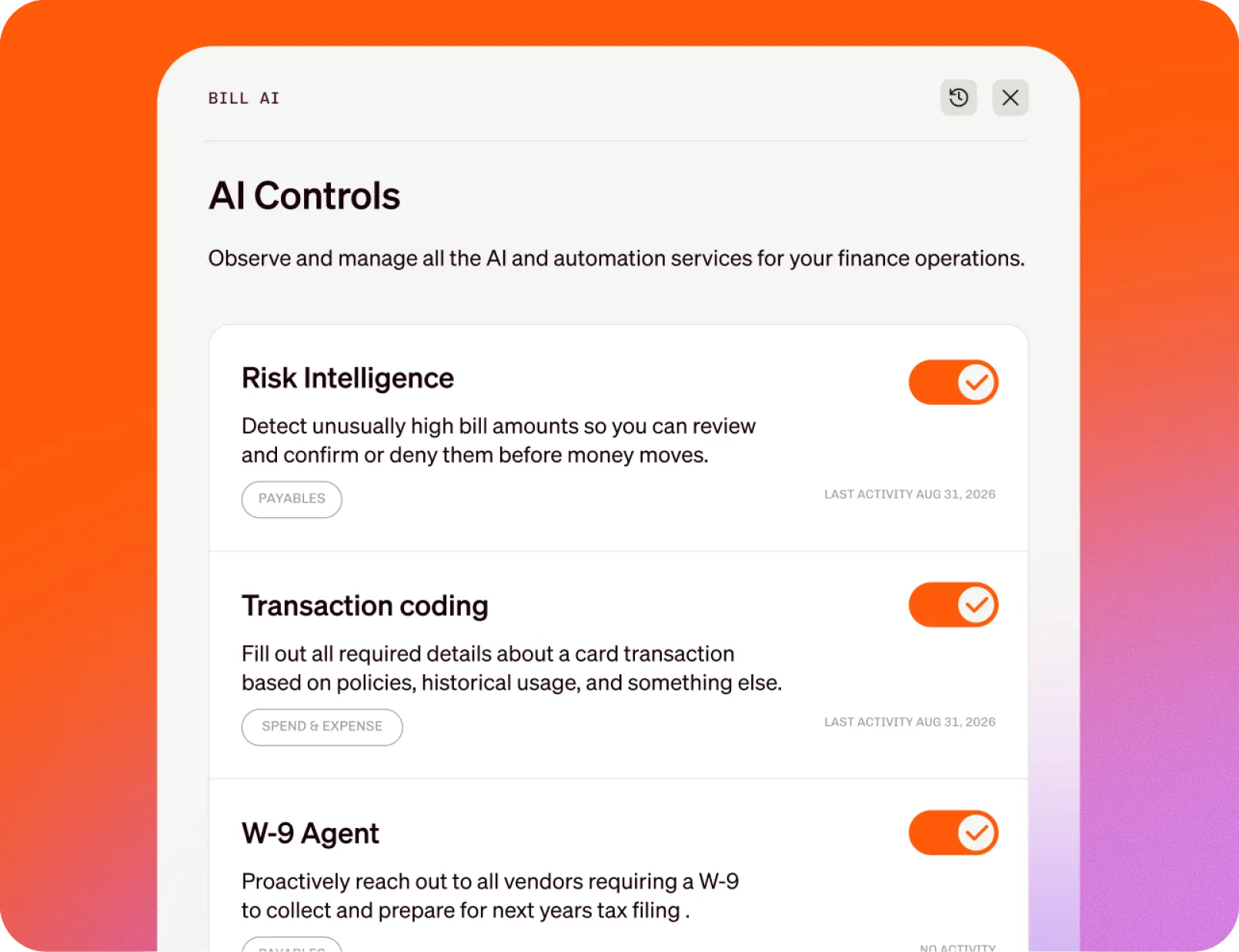 UI showing AI controls with Risk Intelligence, Transaction coding, and W-9 Agent toggled "on". 