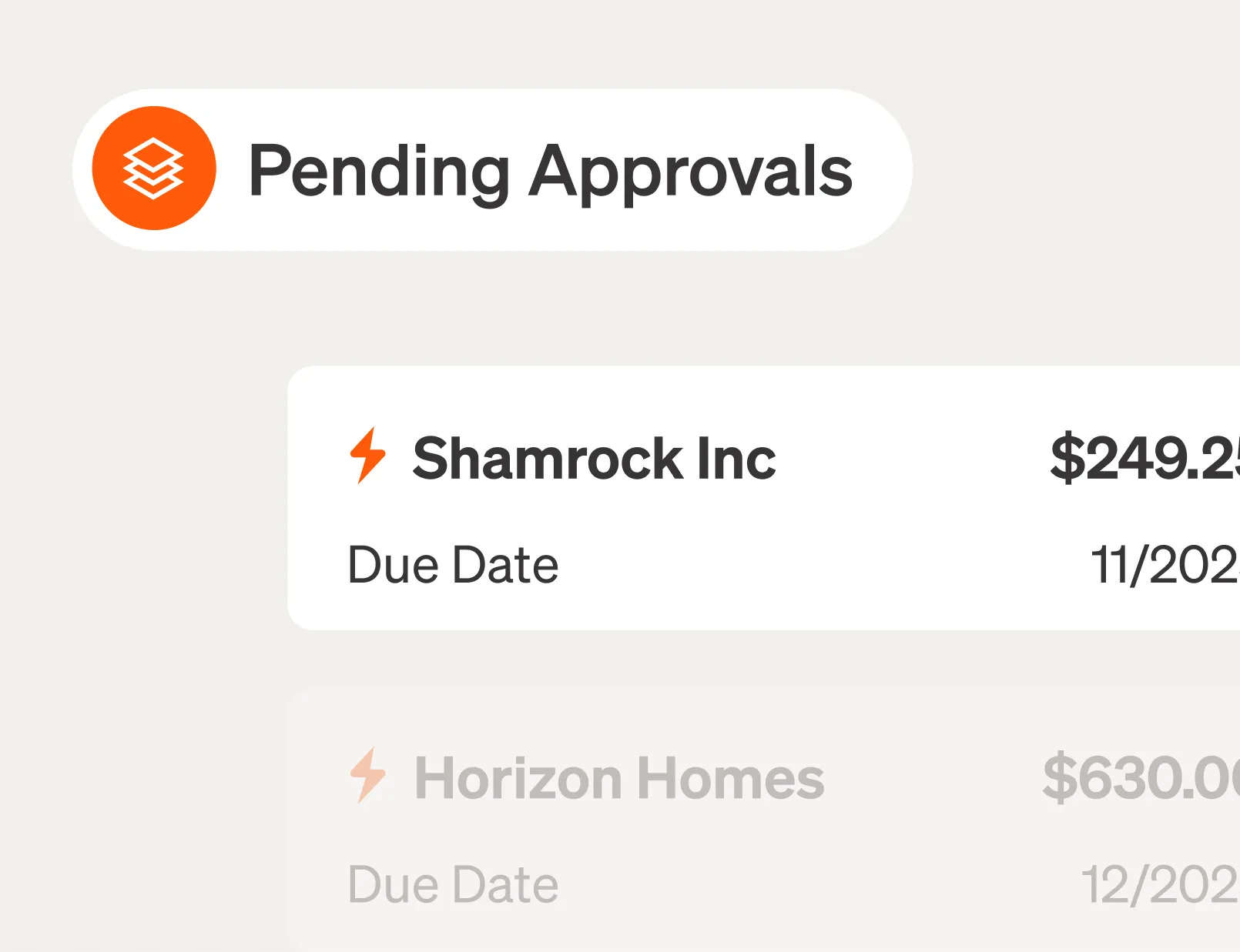 UI screen for Pending Approvals showing vendor name, due date, and amount.