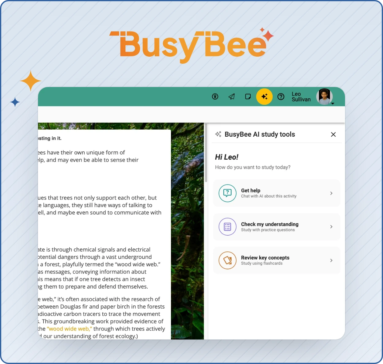 BusyBee study tools open beside a lesson in Buzz