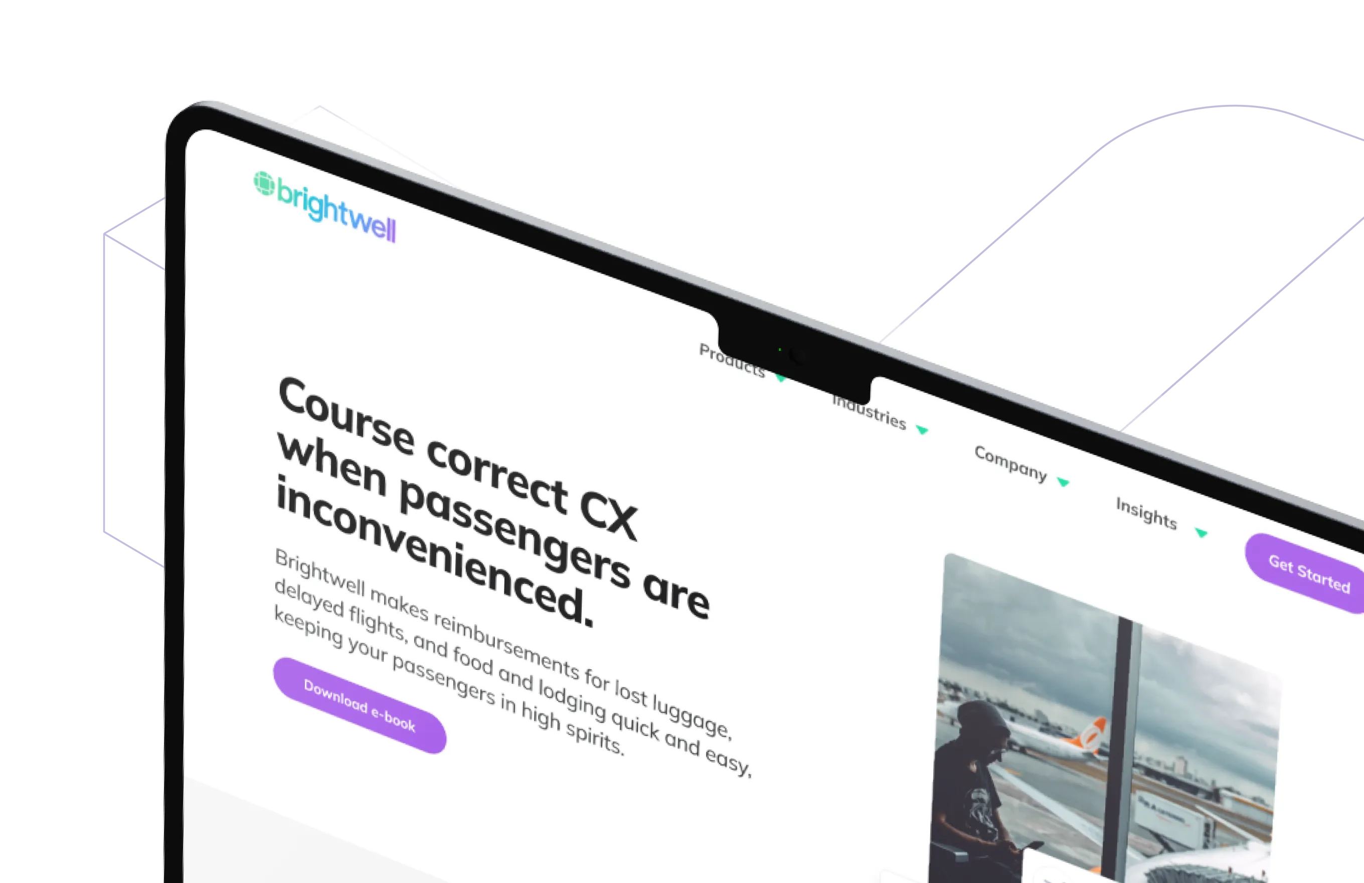 Tablet screen displaying Brightwell website with headline about improving customer experience for inconvenienced passengers and a photo of a person looking out an airport window.