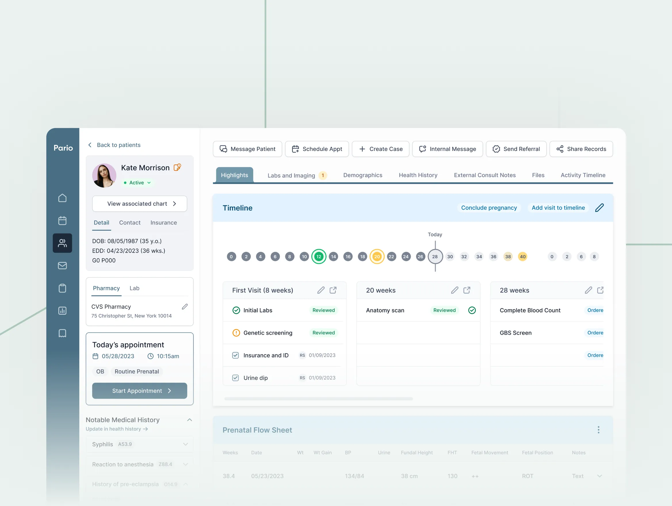 User interface of a prenatal patient management system showing patient details, appointment info, and pregnancy timeline with lab reviews and scans.