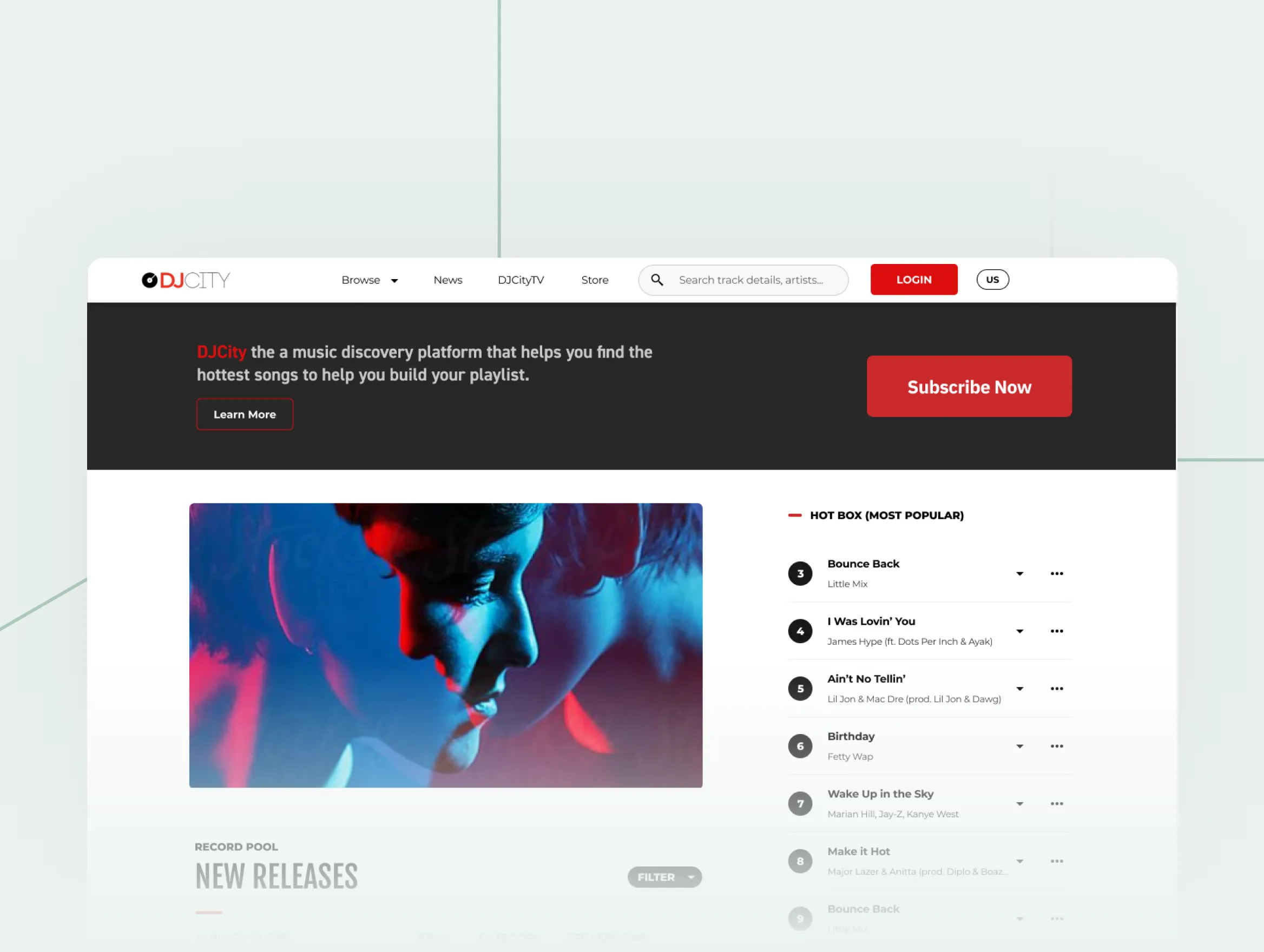 DJCity website homepage featuring a music discovery platform with a music video thumbnail on the left and a list of popular songs on the right.