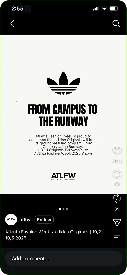 Social media post about the Adidas Originals and Atlanta Fashion Week.