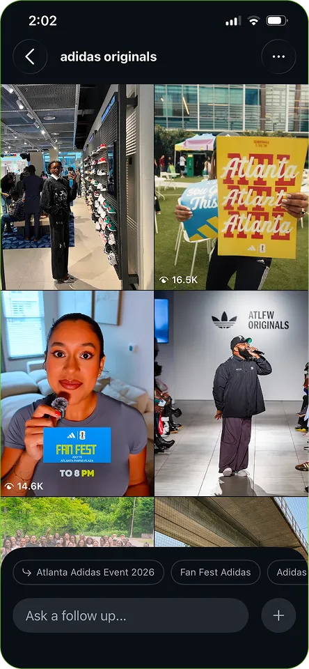 Social media collage of adidas originals event with people shopping, holding signs, speaking, and runway show.