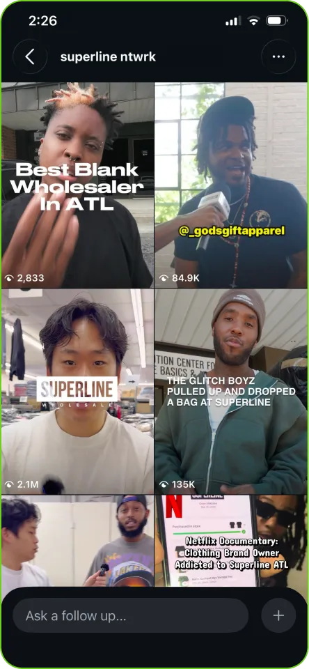 Six social media video thumbnails featuring people promoting Superline Wholesale and apparel in Atlanta.