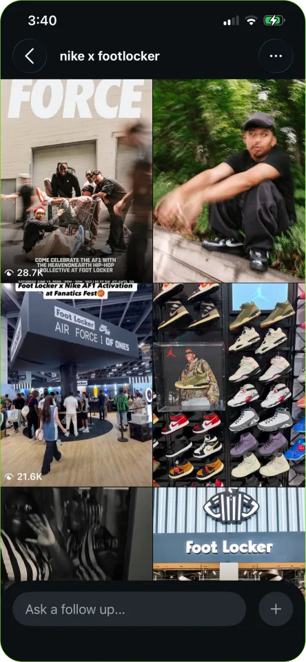 Social media's search result pf Foot Locker x Nike event, sneakers display, crowd, and Foot Locker store front.
