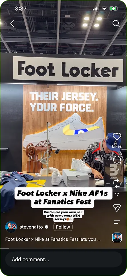 Social media post of Foot Locker store display with giant Nike sneaker, slogan 'Their Jersey. Your Force.', and a man working nearby.