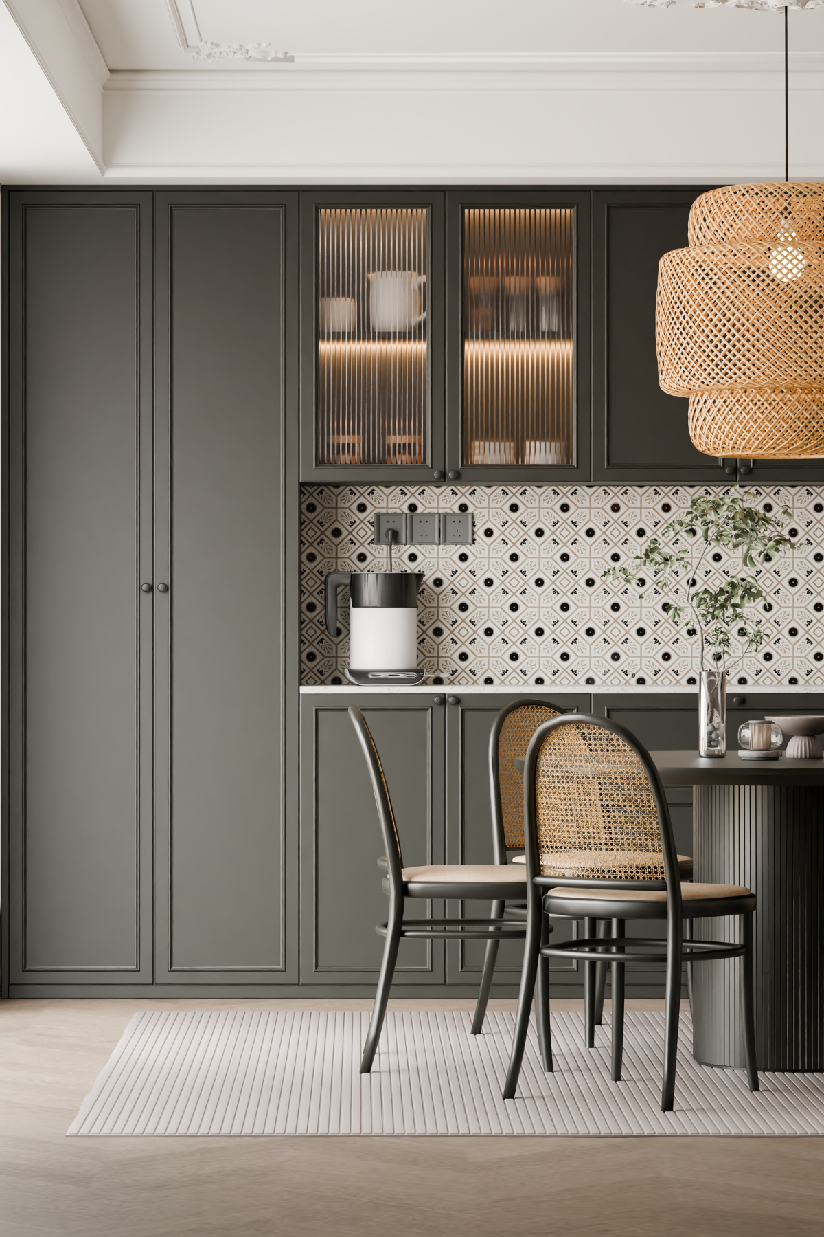 A coffee bar with olive cabinetry, patterned tile backsplash, and cane chairs