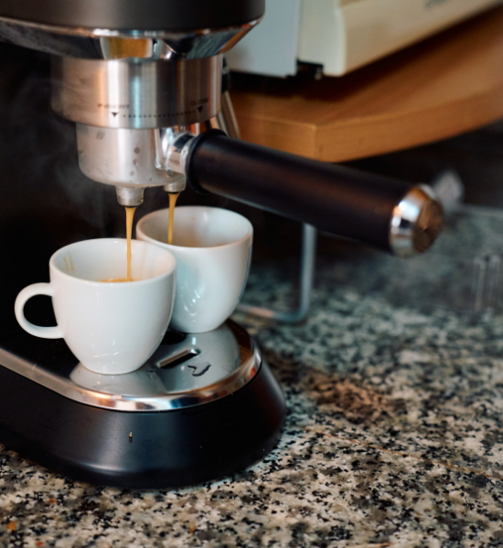 Granite countertop remnant used for a home coffee bar with espresso machine