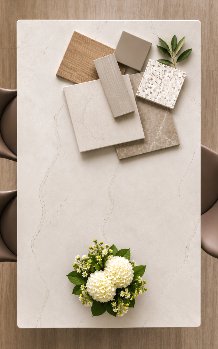 Countertop, tile, wood, hardware, and color samples arranged for a free in-store design consultation and material selection at Design Surfaces in Westlake, Ohio.