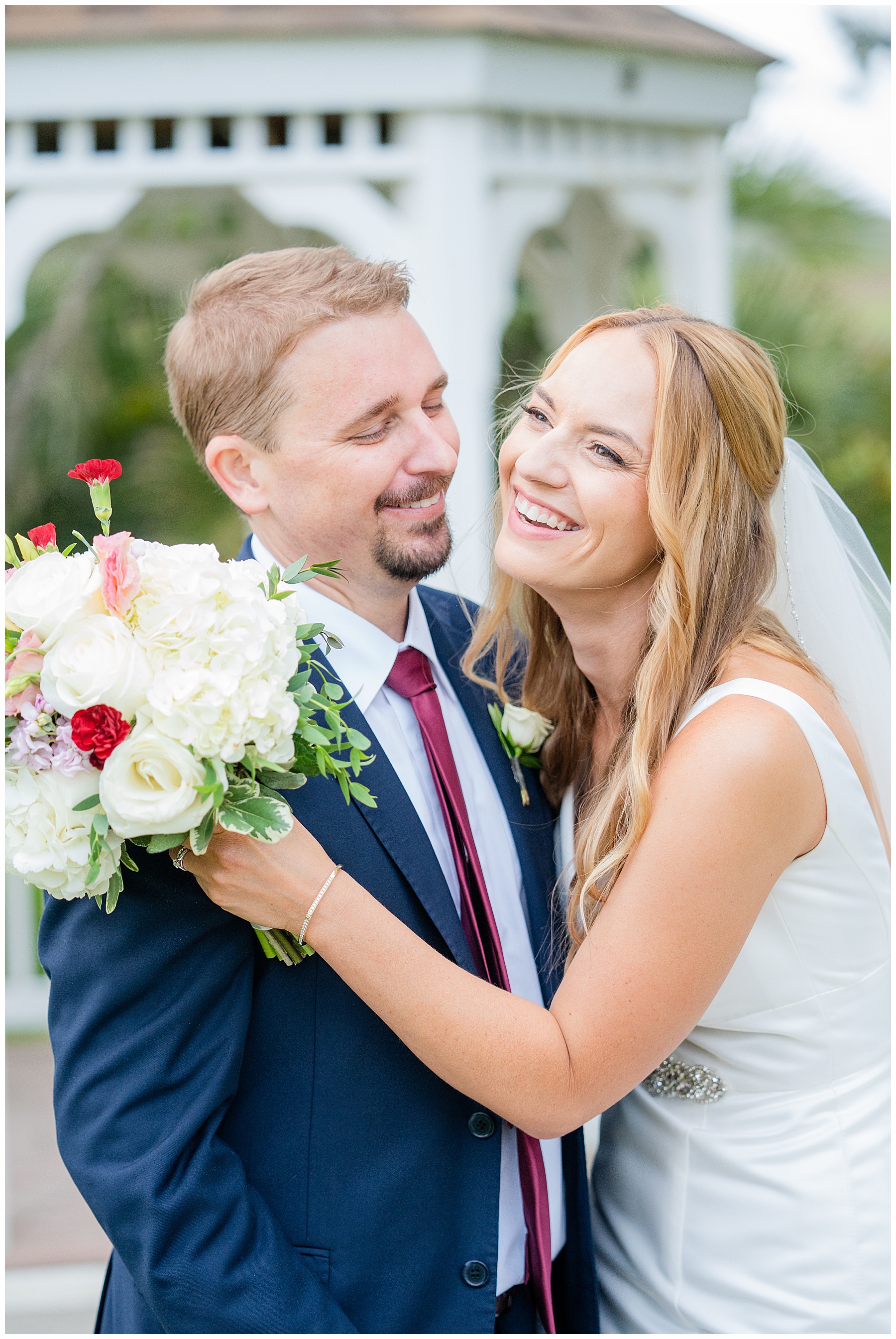 happy bride with groom showing joy