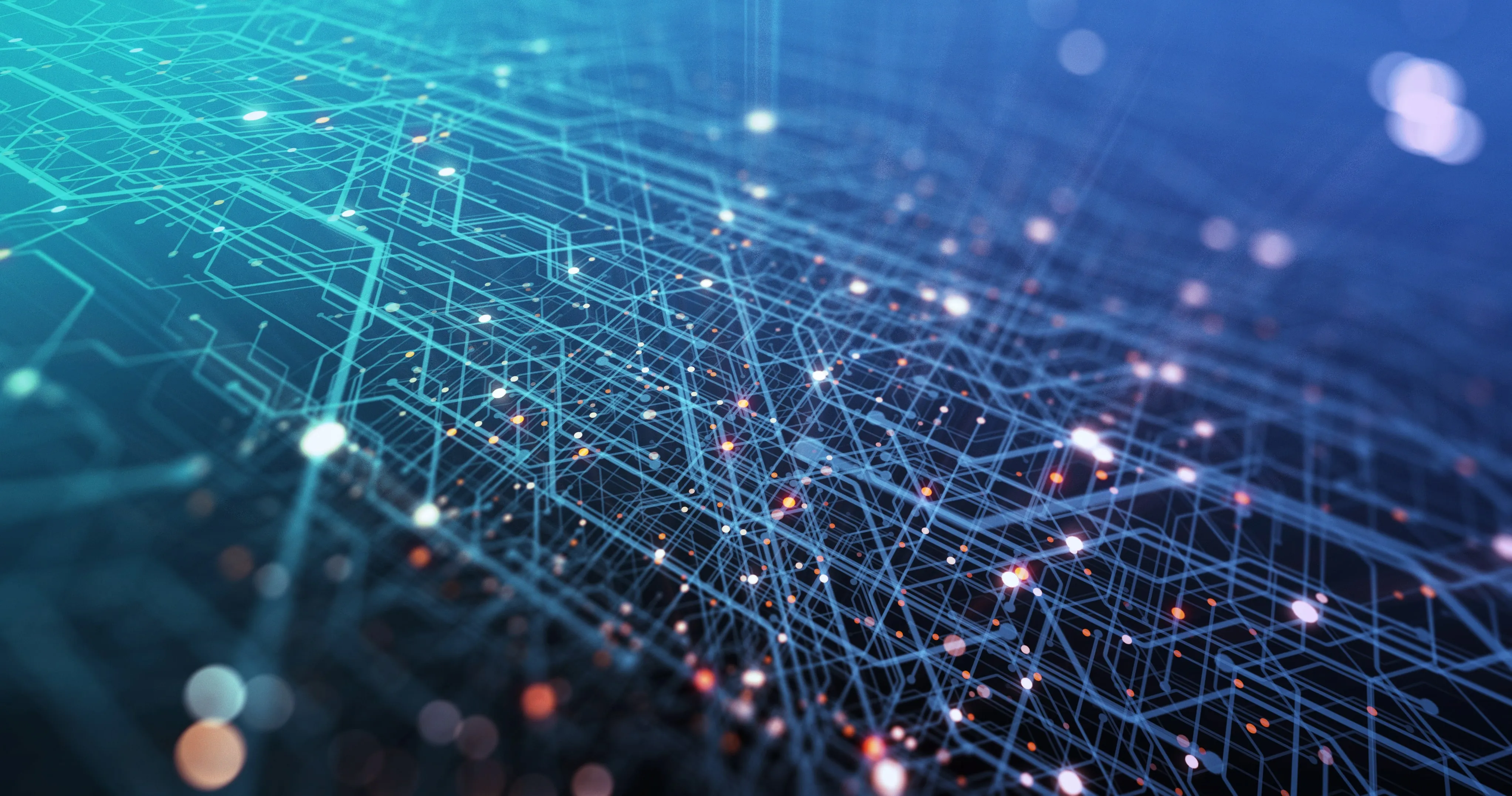 Abstract digital network with interconnected blue lines and glowing nodes on a dark blue background.