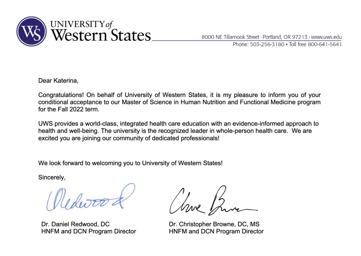 Diploma image - University of Western States