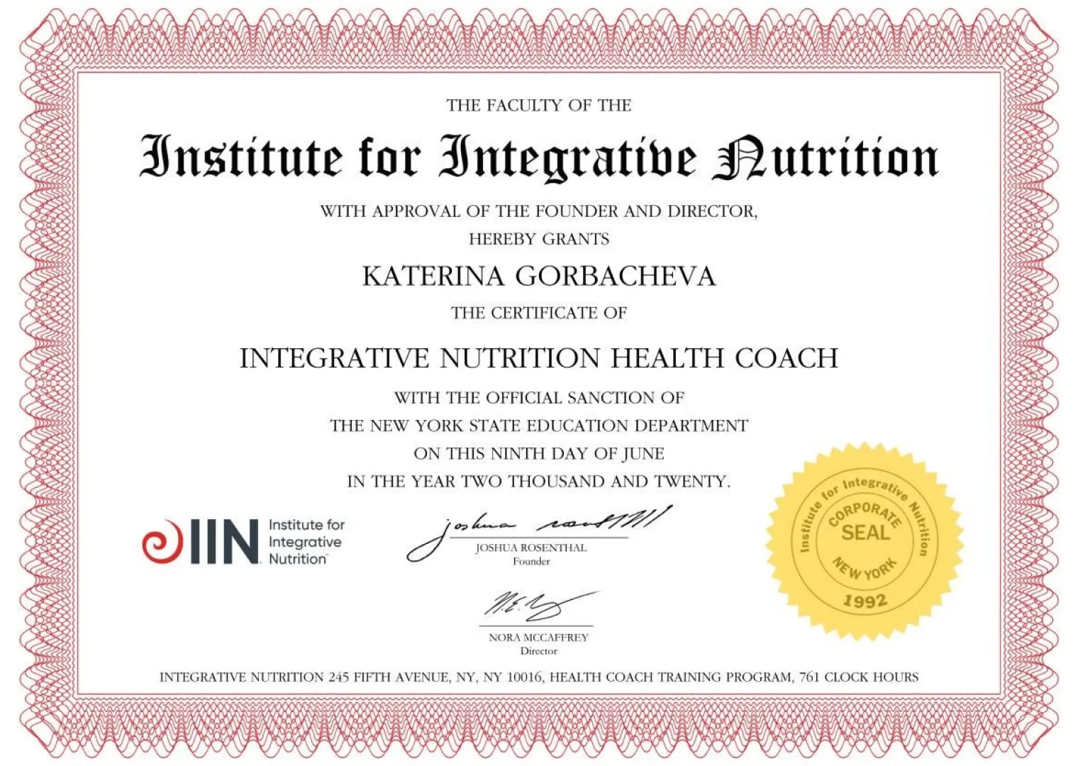 Diploma image - Institue for Integrative Nutrition