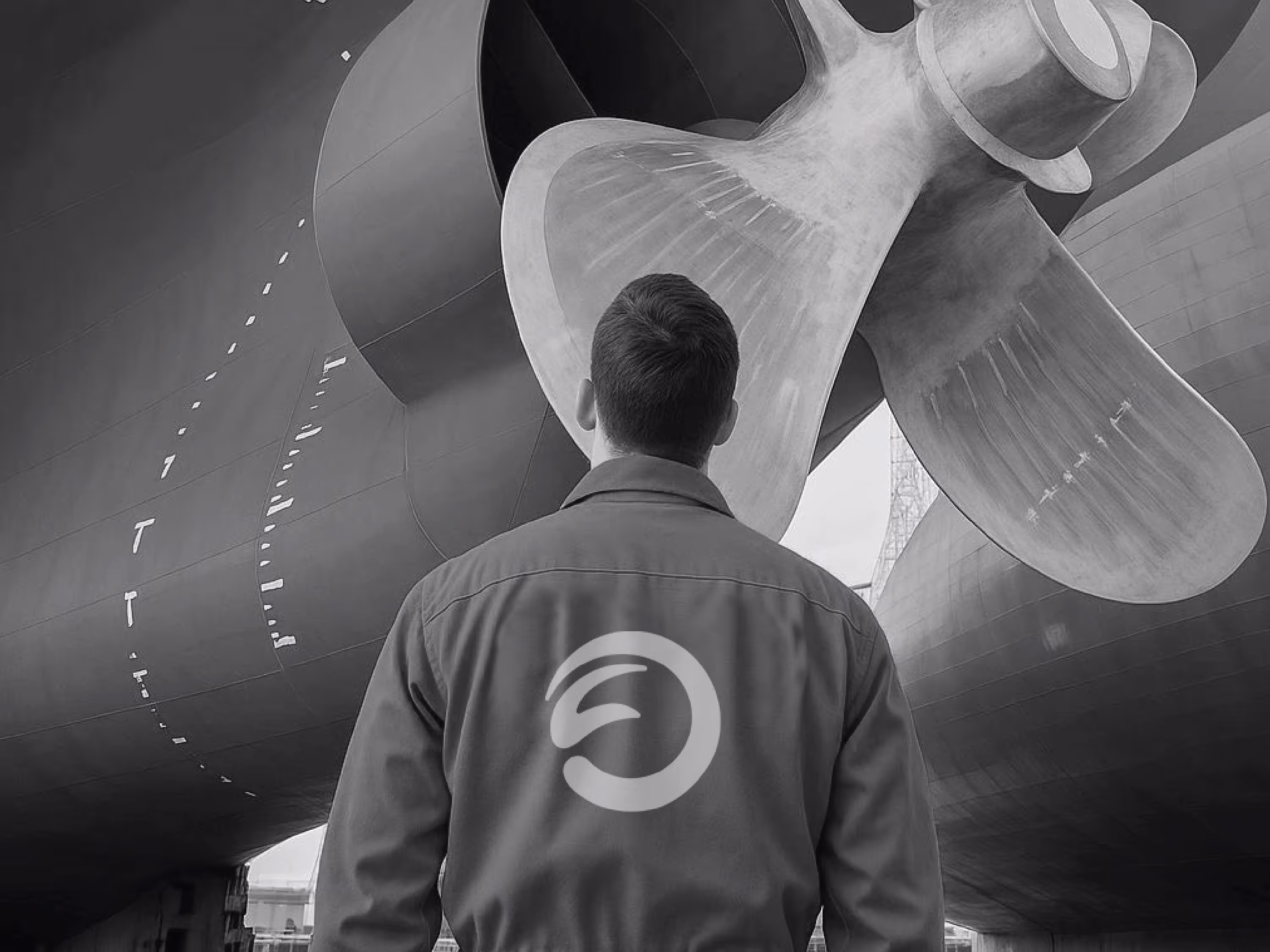 Man in work jacket facing a large ship propeller and the underside of a ship hull.